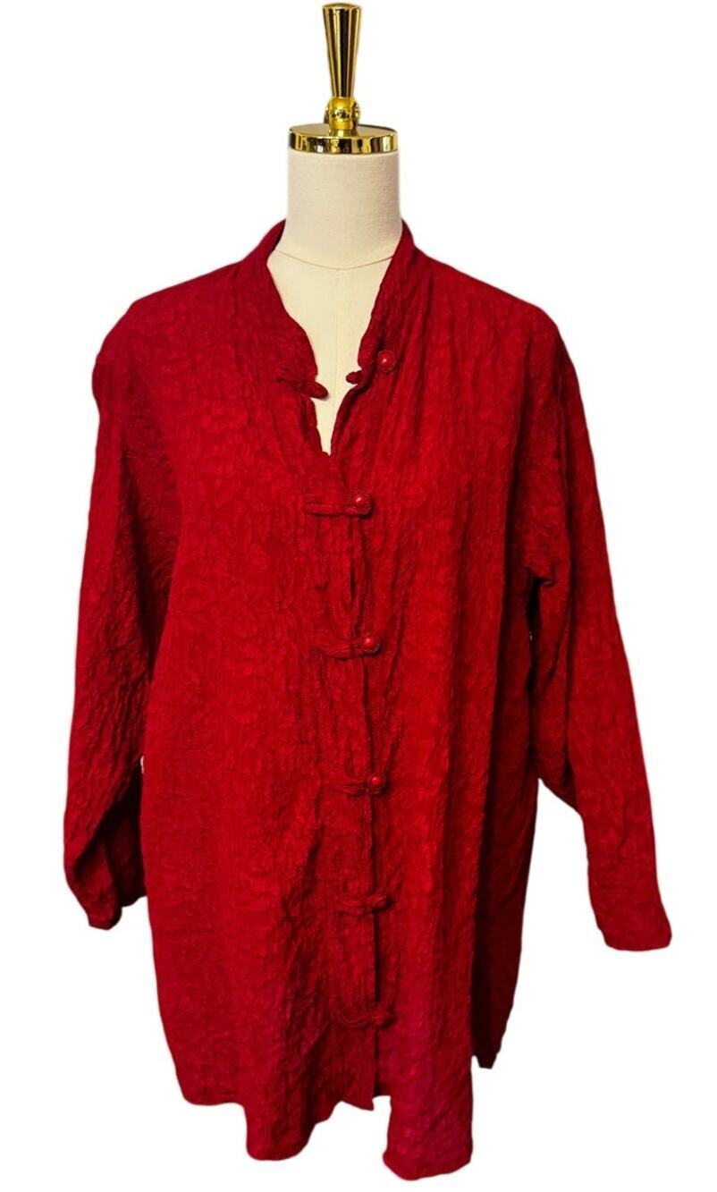URU 100% Silk Textured Jacket Tunic Red Mandarin Collar Frog Closure Made in USA